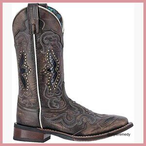 Leather Embroidered Pull-On Casual Boots Mid Calf Low Heel